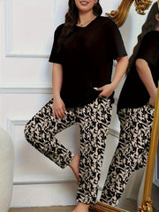 Plus Size Women's Cartoon Pajama Set Polyester Elastane Crew Neck Short Sleeve Long Pants