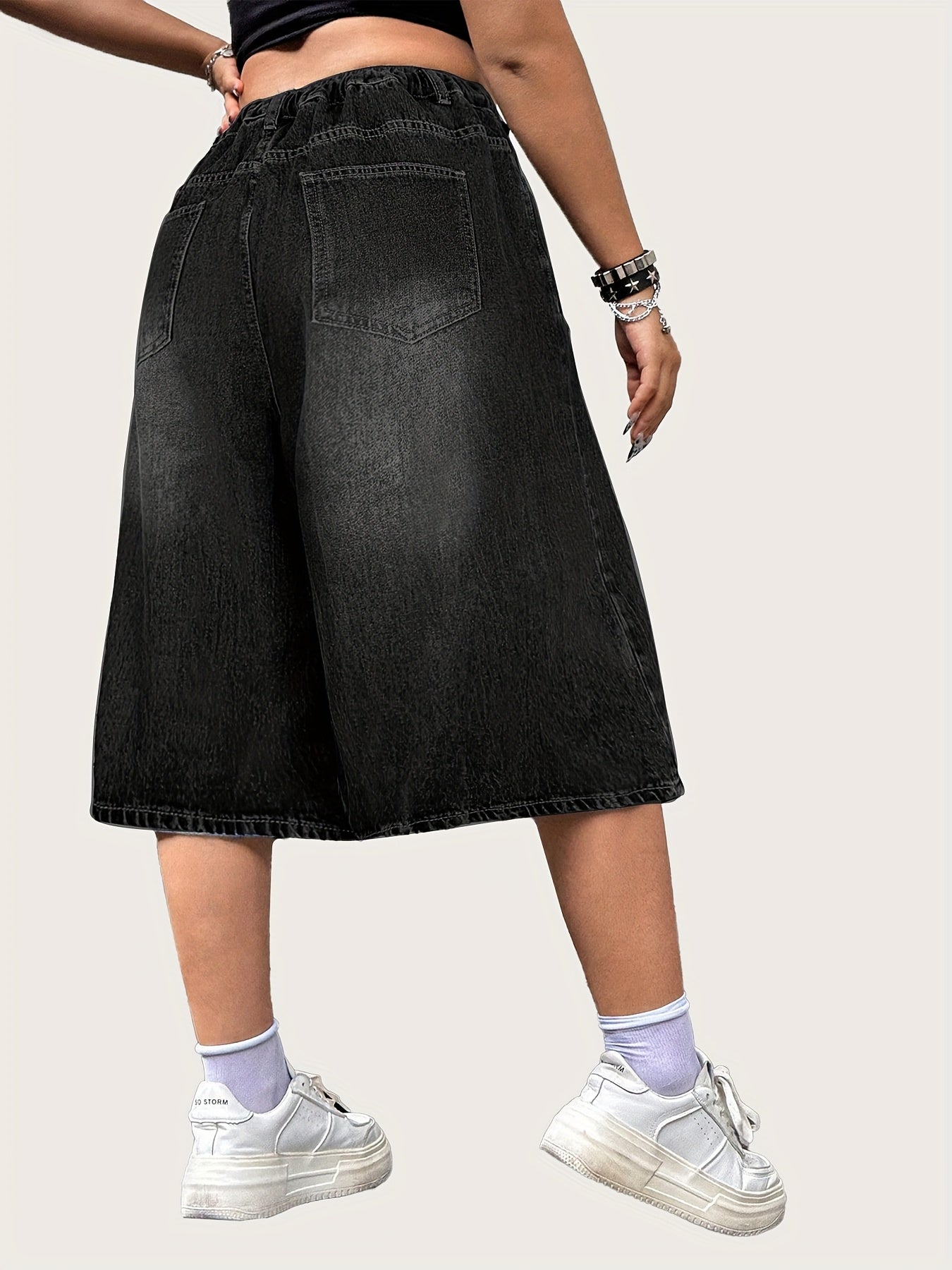Plus Size Women's Denim Shorts Elastic Waist Casual Baggy Fit