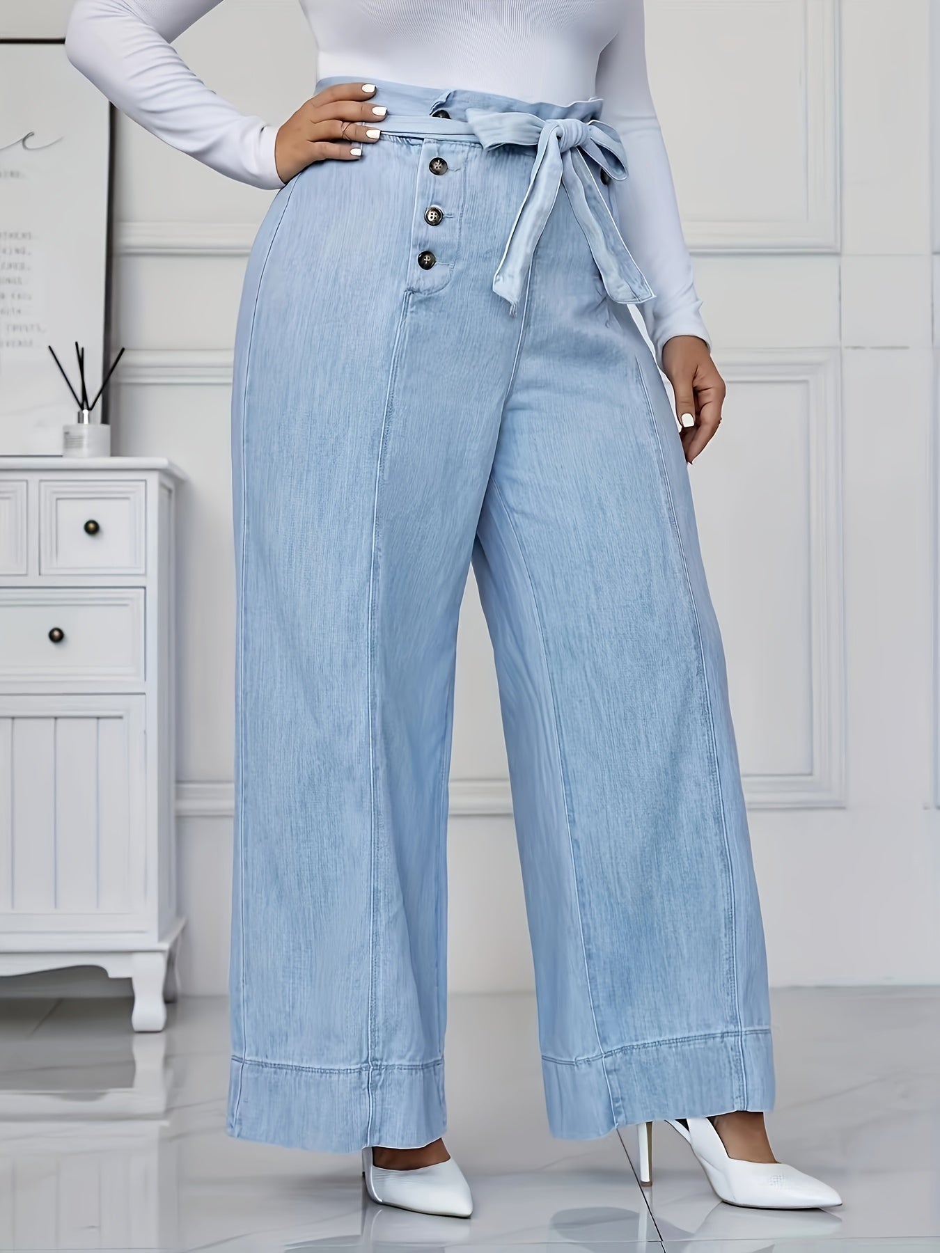 Jeans de mezclilla casual de talla grande para mujer de tiro alto y pierna ancha con cinturón