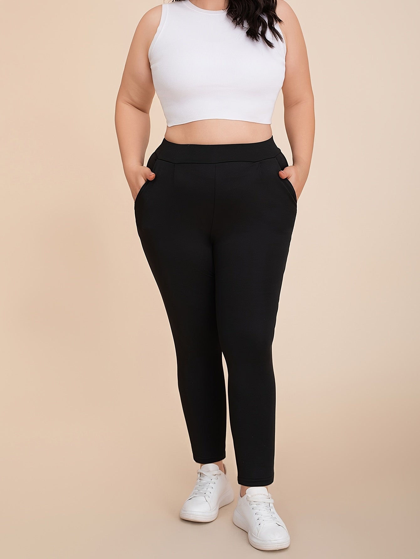 Women's Plus Size Skinny Pants Polyester Knit Solid Color Spring Fall Pockets