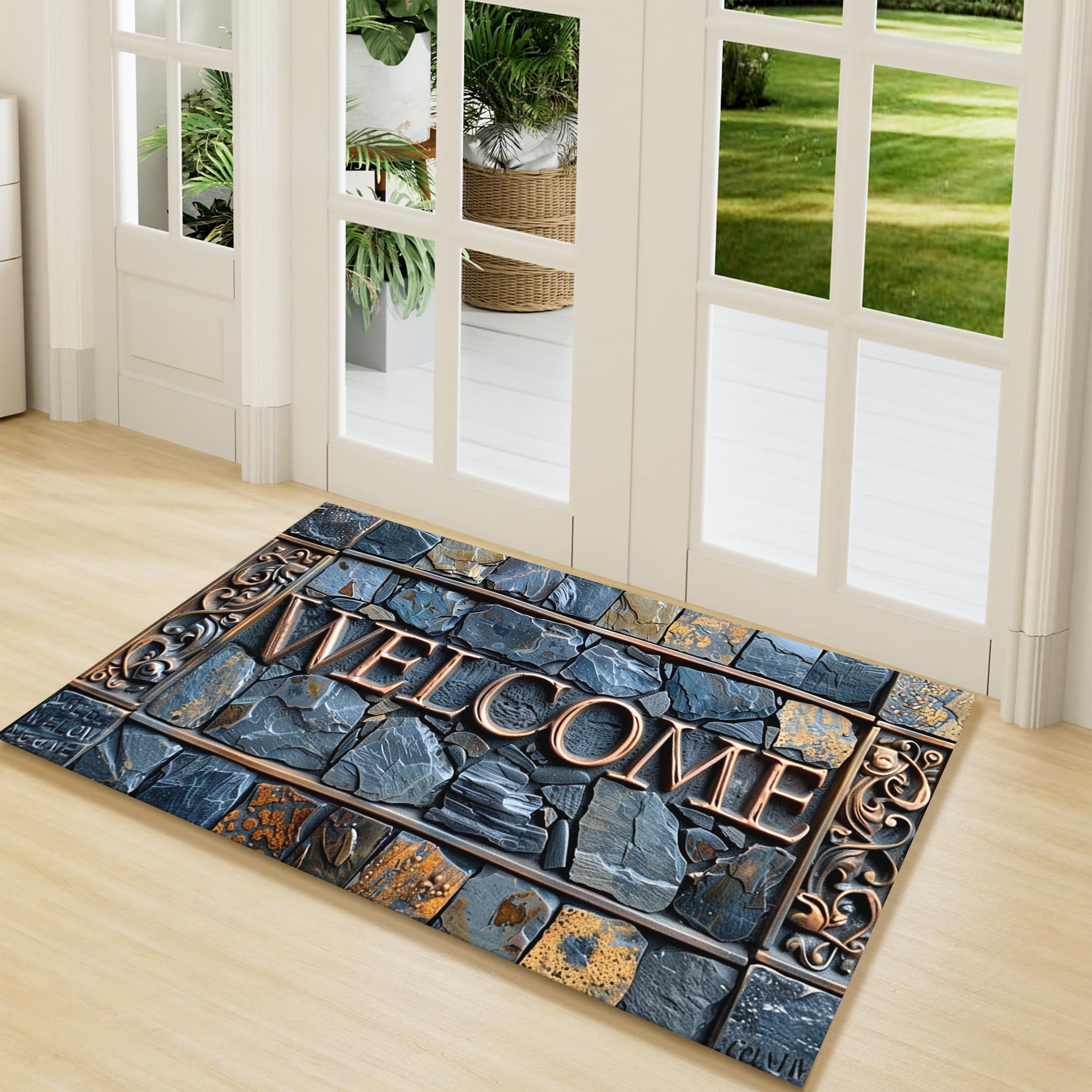 3D Stone Pattern Cobblestone Welcome Mat Waterproof Non-Slip Polyester Entryway Rug