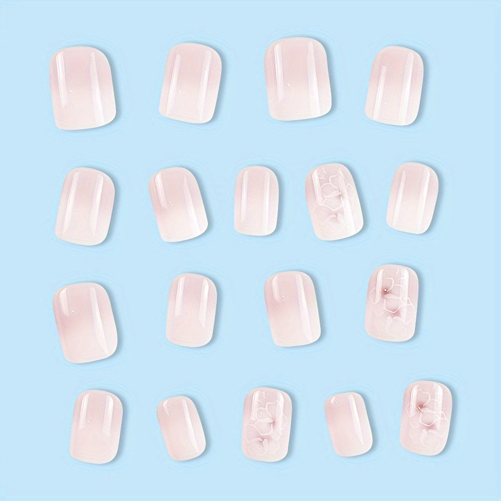 Uñas cortas de mujer, uñas postizas cuadradas, brillo, blanco rosa con diseño de flores, 24 piezas