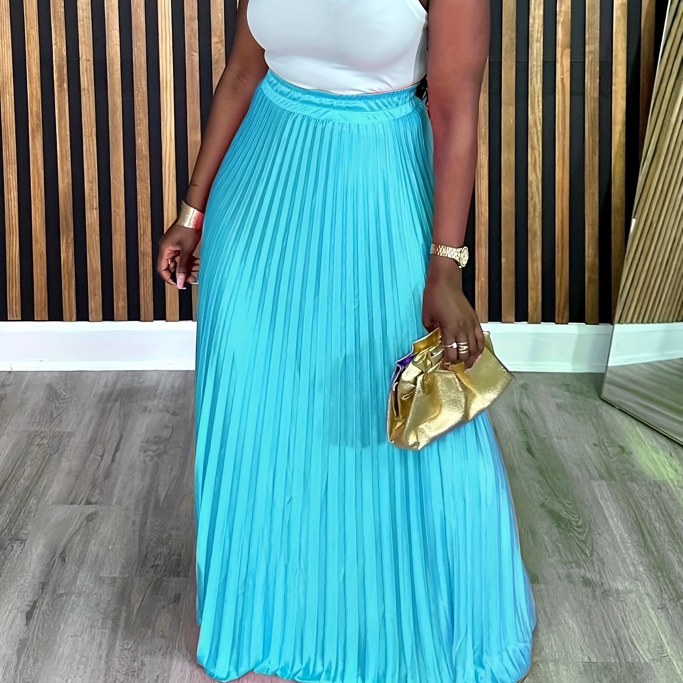 Plus Size Pleated Skirt Elastic Waist Long Skirt For Spring Summer