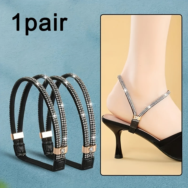 Women Rhinestone Heel Clips Elastic Faux Leather Non-Slip Laces 2 Pairs