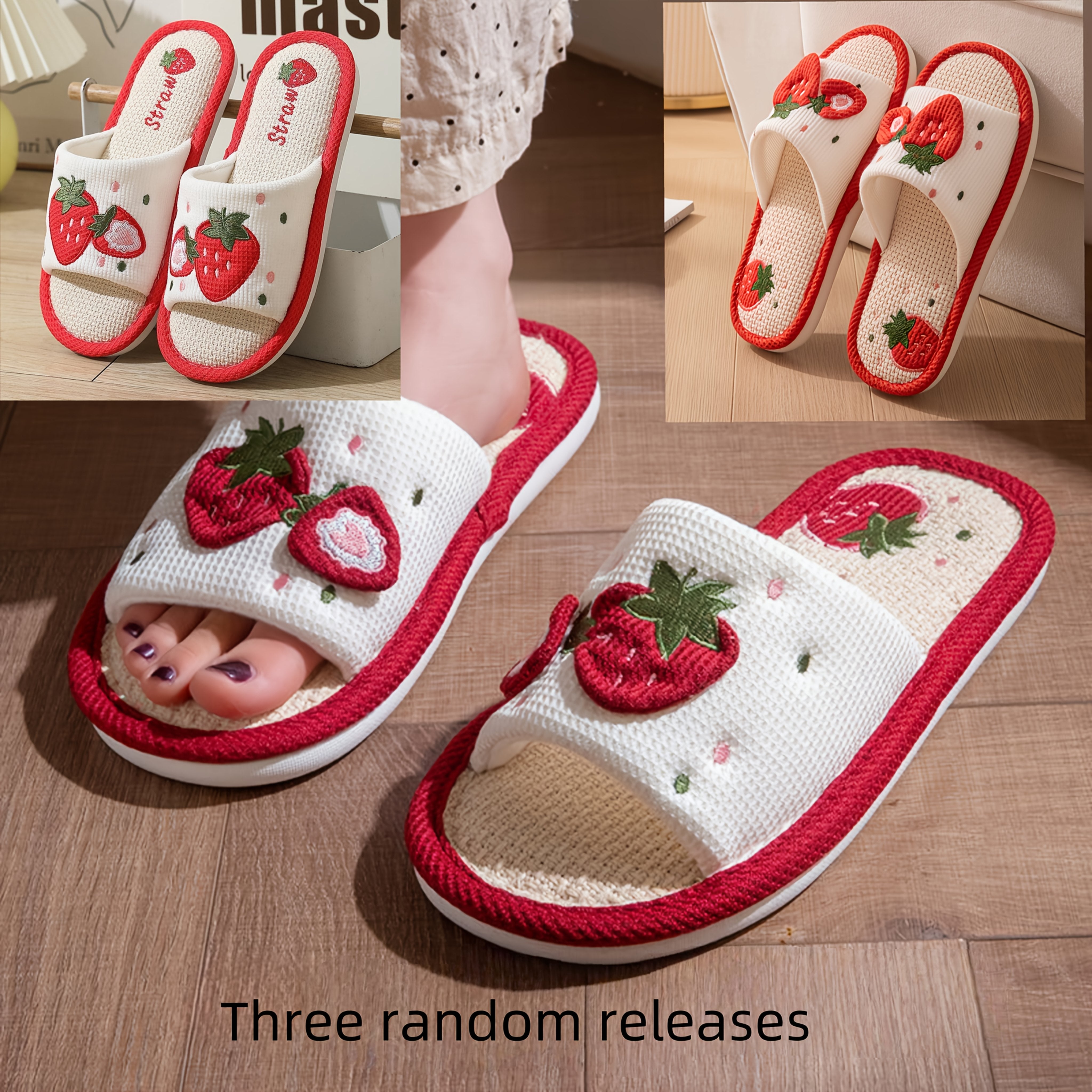 Women's Linen Slip-On Shoes with Strawberry Heart Design Indoor Non-Slip