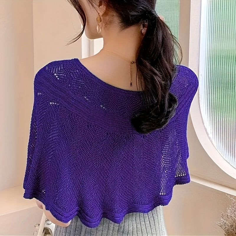 Women's Elegant Pullover Cape with Hollow Knitted Shawl, Loose Fit, Solid Color