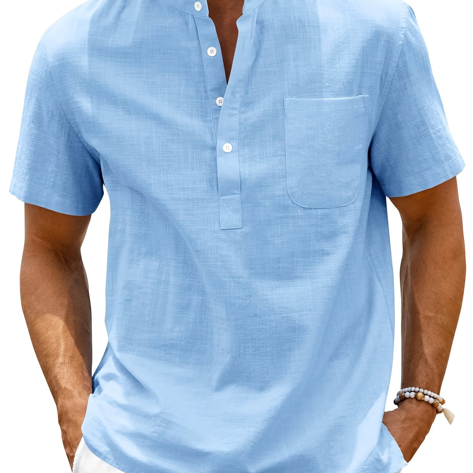Men's Cotton Blend Short Sleeve Shirt with Stand Collar Pocket Solid Plus Size