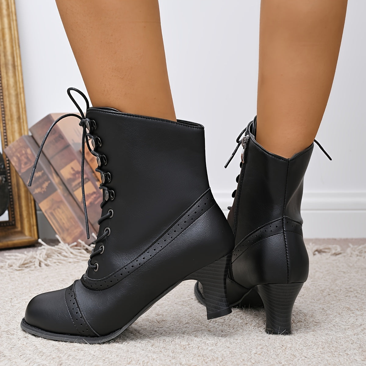 Women's Lace-Up Ankle Boots Faux Leather Non-Slip Rubber Casual Formal