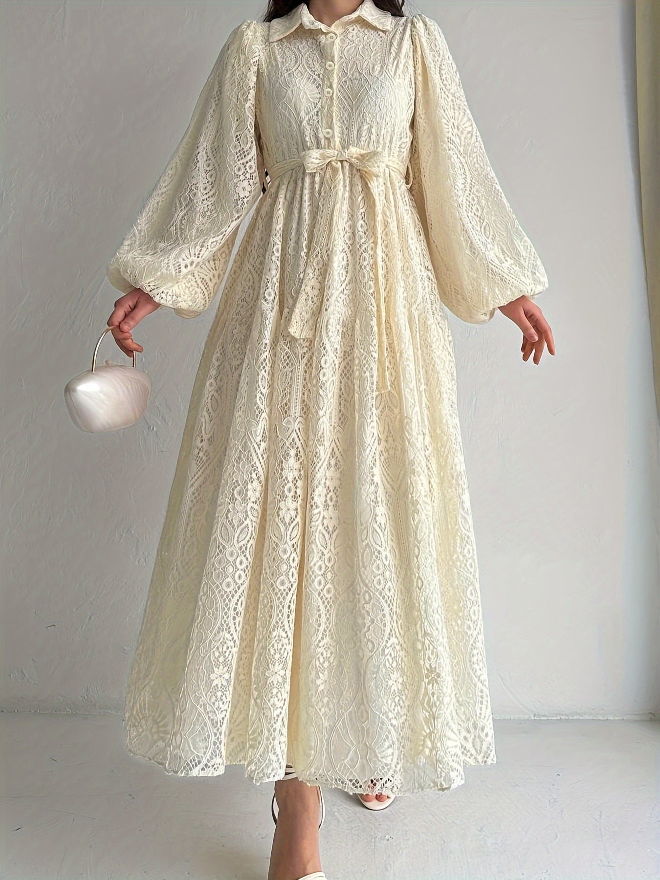 Women Middle Eastern Lace Collar Robe Dress Polyester Solid Color All Season