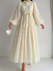 Women Middle Eastern Lace Collar Robe Dress Polyester Solid Color All Season