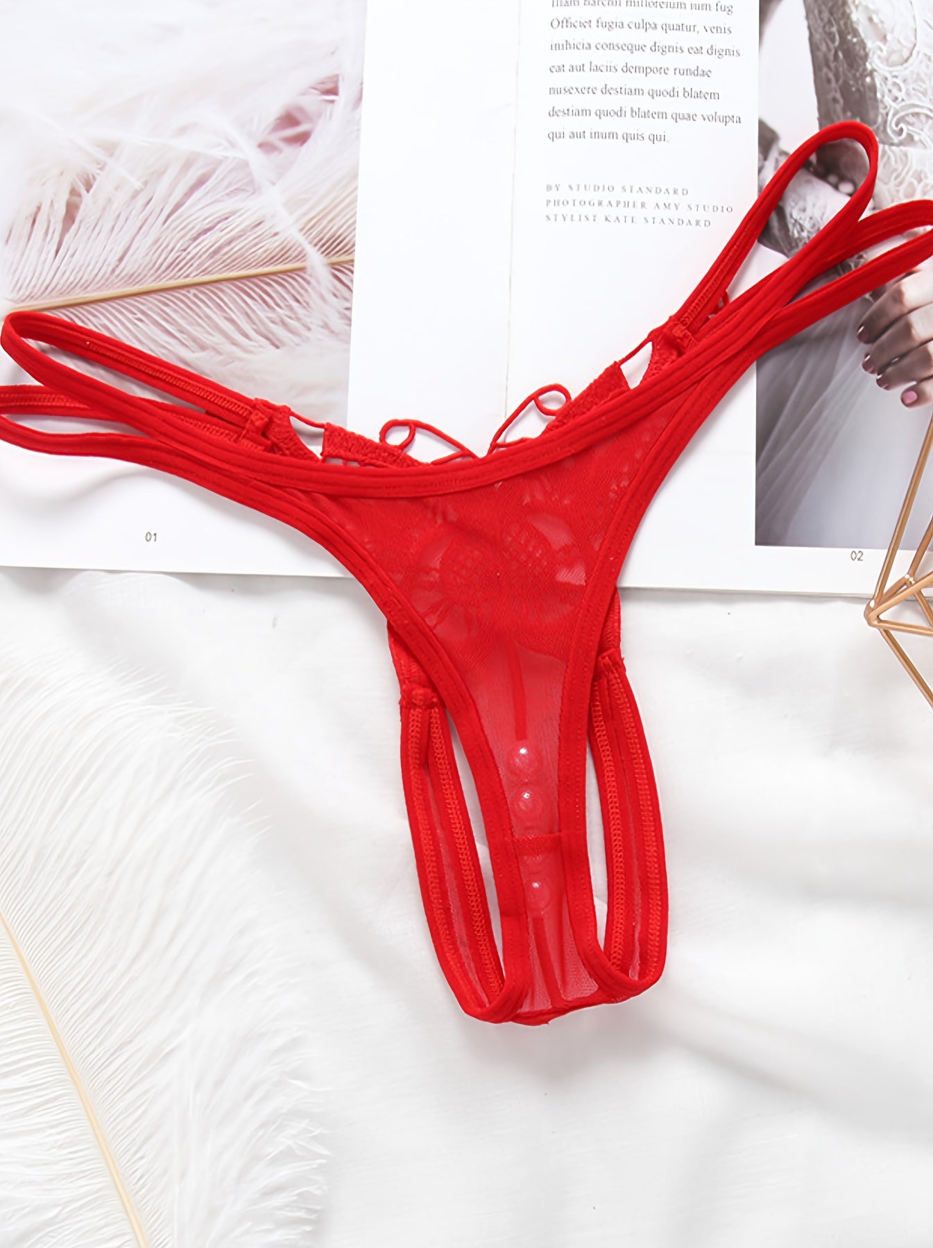 Women's Sheer Embroidered Pearl Crotchless Thong Lingerie with Animal Beading