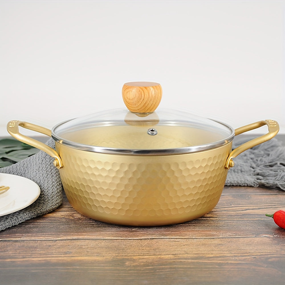 Olla de aluminio para ramen con tapa de vidrio compatible con inducción para sopas y fideos instantáneos