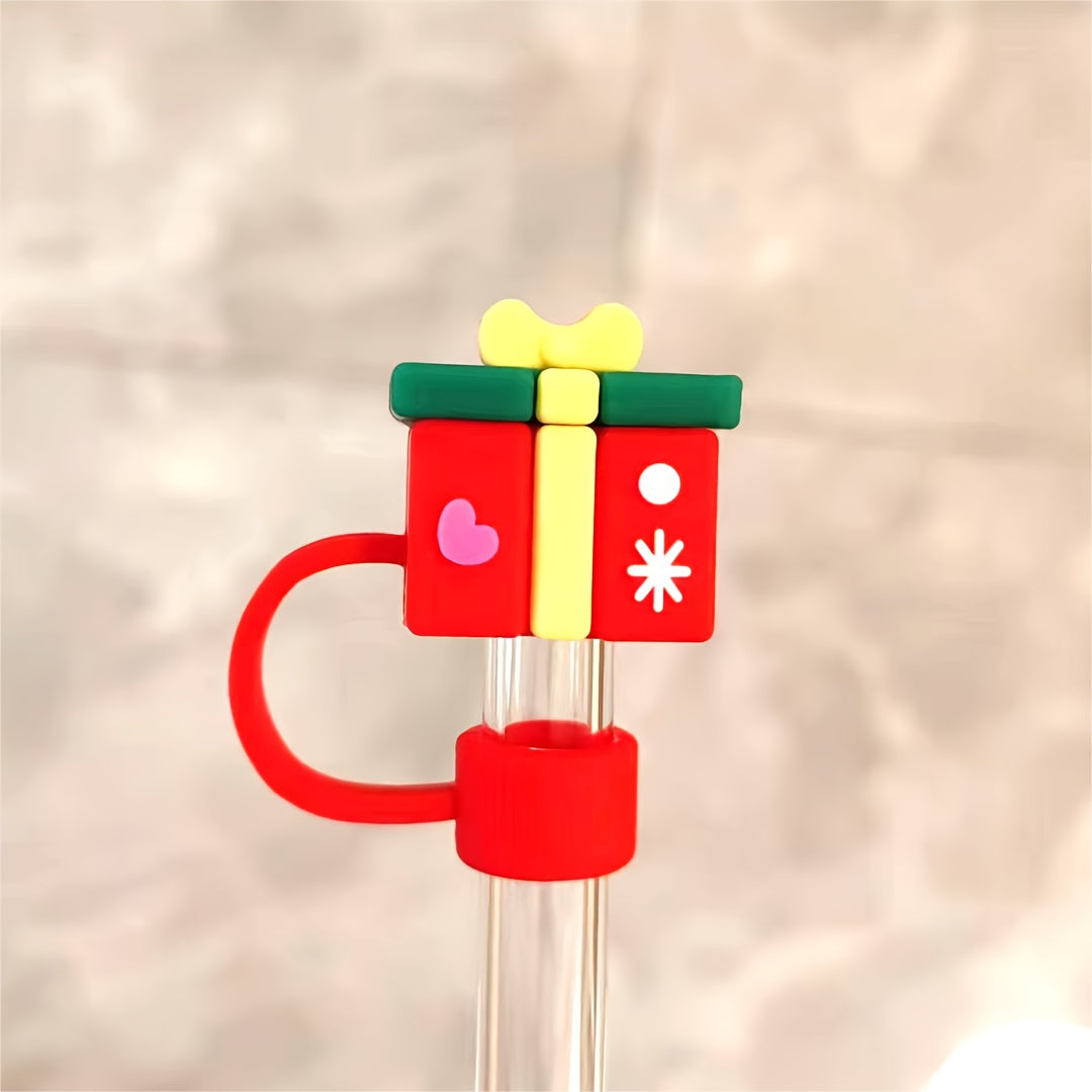 Set of 5 Reusable Silicone Straw Lids Christmas Santa Tree Fits 10mm Straws
