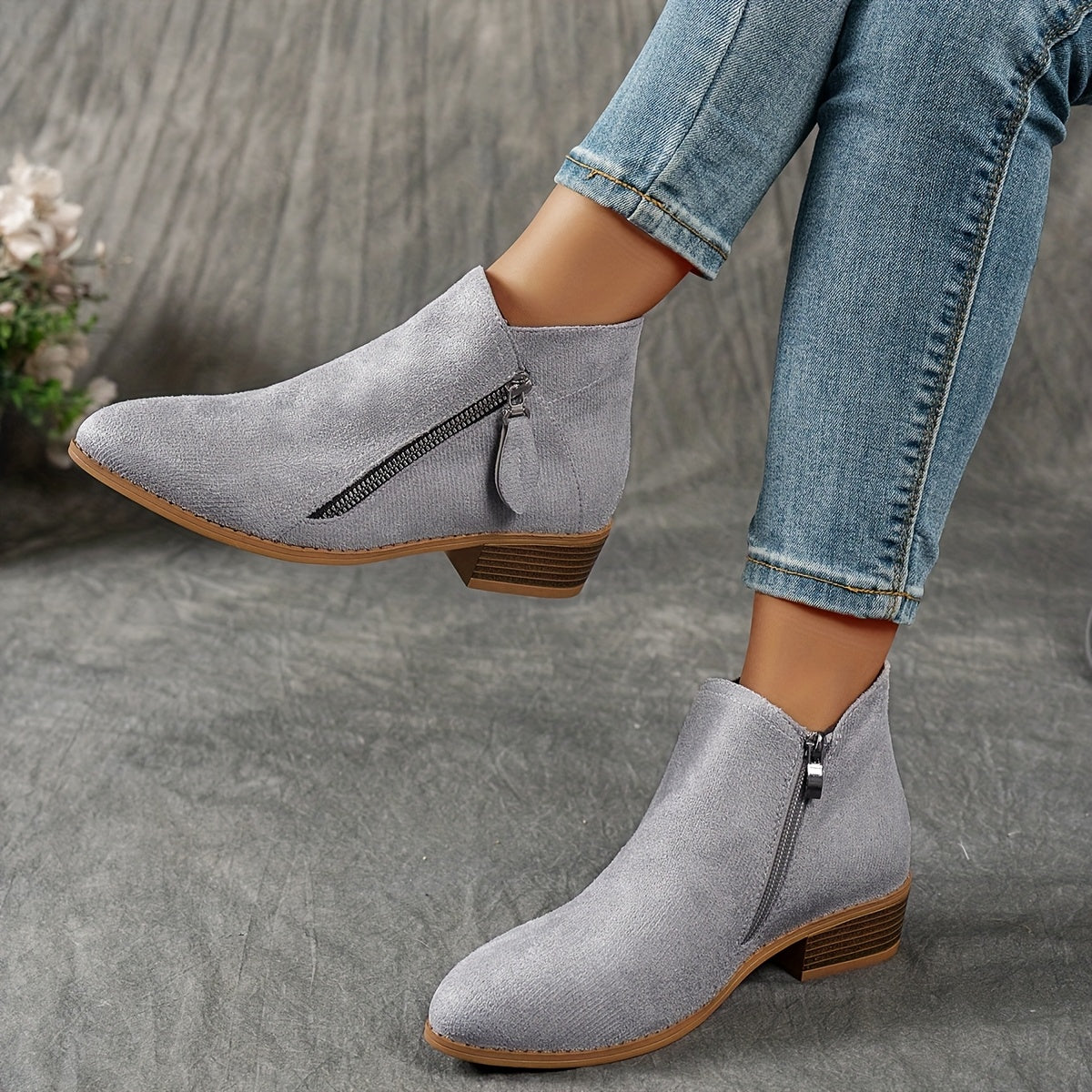 Women Velvet Ankle Boots Solid Color Chunky Heel Side Zipper Pointed Toe