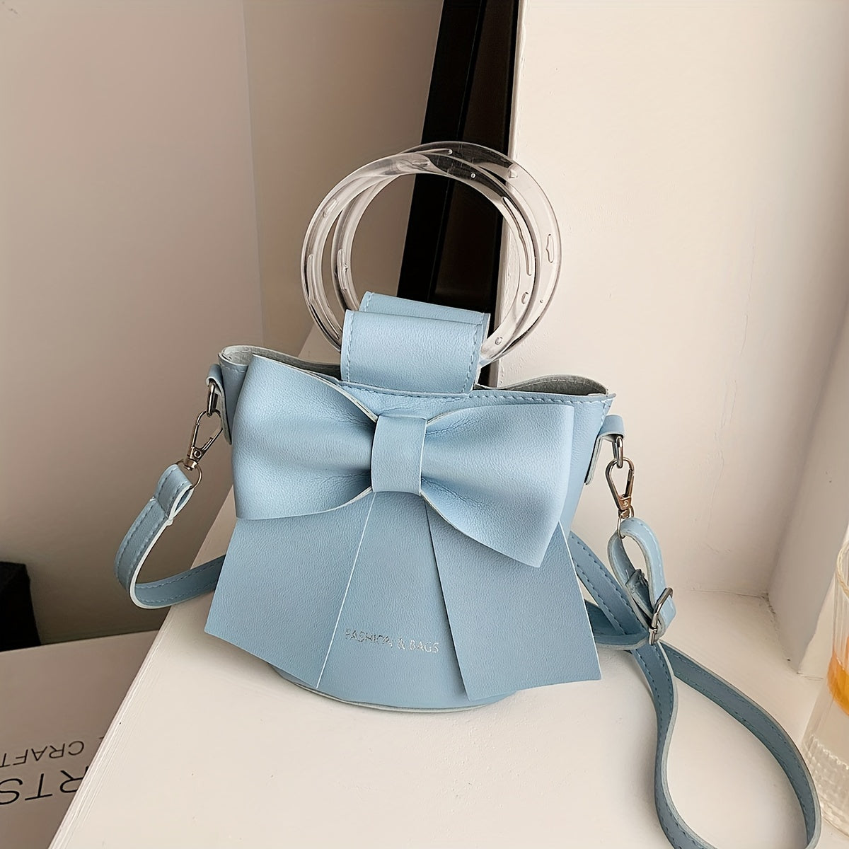 Women's Bucket Bag with Detachable Strap Bow Accent in Black White Pink Blue