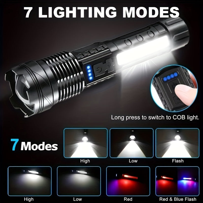 Portable Camping Flashlight USB Rechargeable LED Handheld Torch with Red-Blue Warning Light