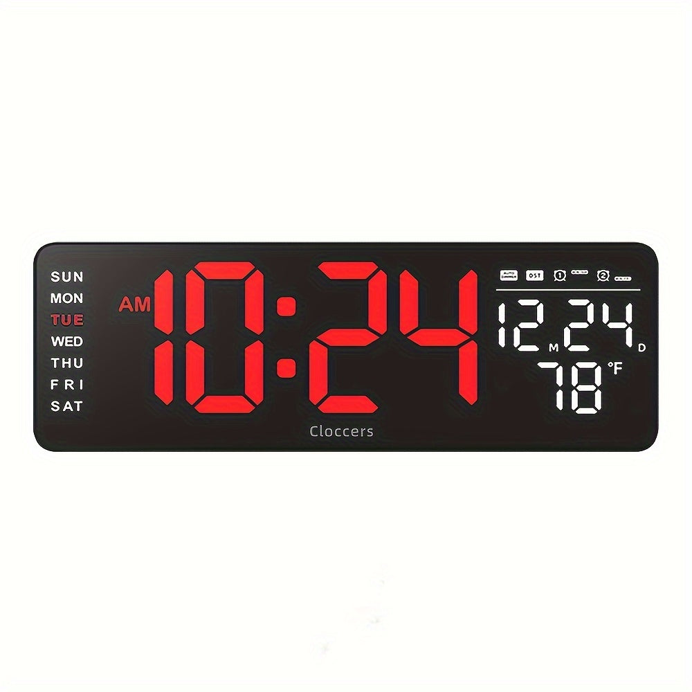 Large screen digital wall clock with indoor temperature date week display desk countdown timer 10-level brightness auto light LED dual alarm remote