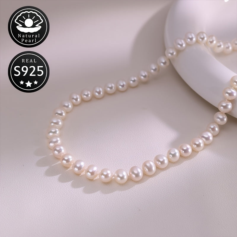 Silver Pearl Necklace with 8-9mm Natural Freshwater Pearls for Women