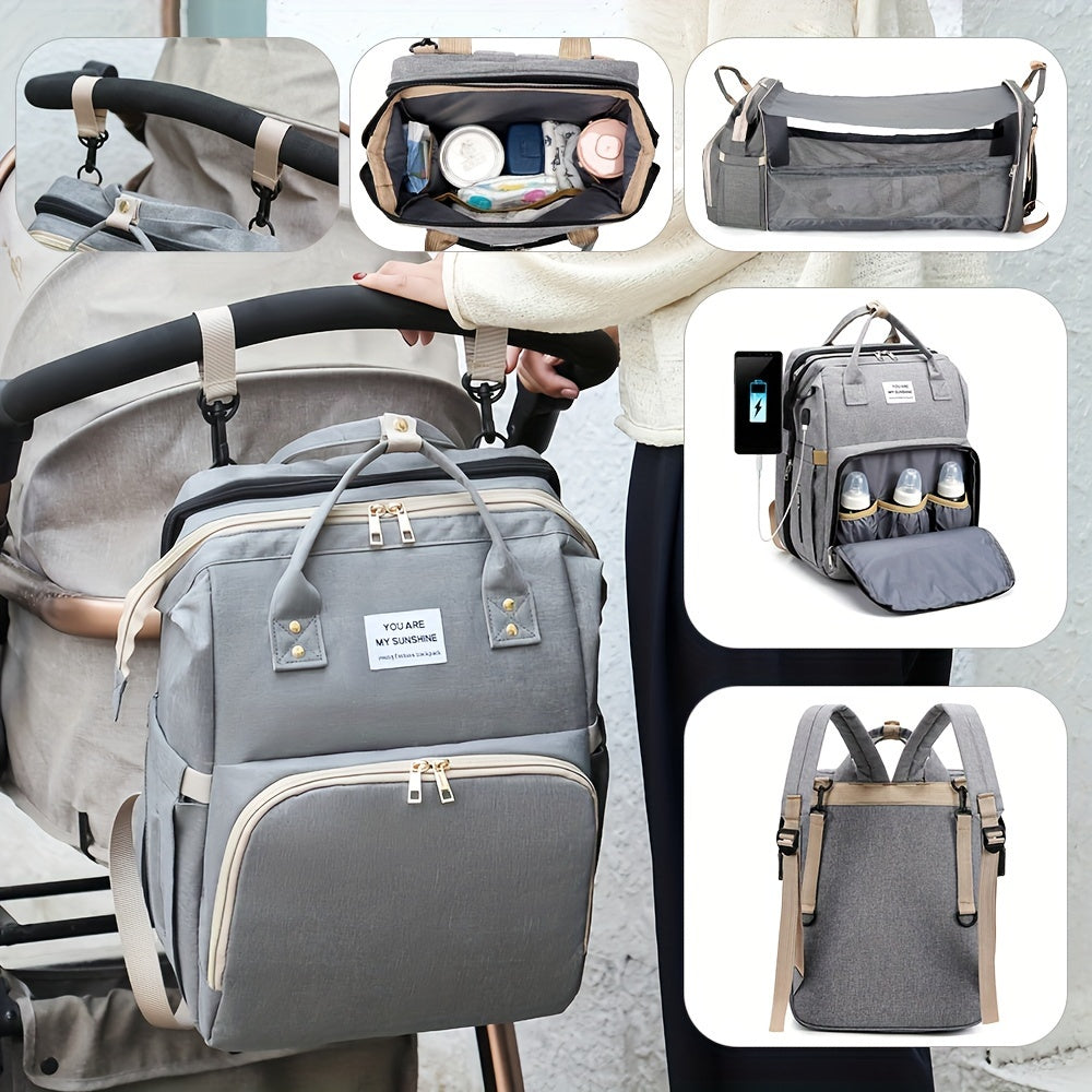 Gray Nylon Diaper Backpack with Insulated Bottle Pocket Charging Port and Mesh Side Pocket Spacious Travel Organizer
