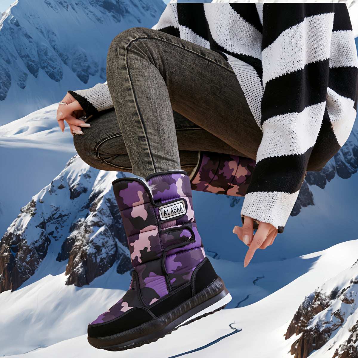 Женские зимние сапоги до середины икры с флисовой подкладкой и противоскользящей толстой подошвой