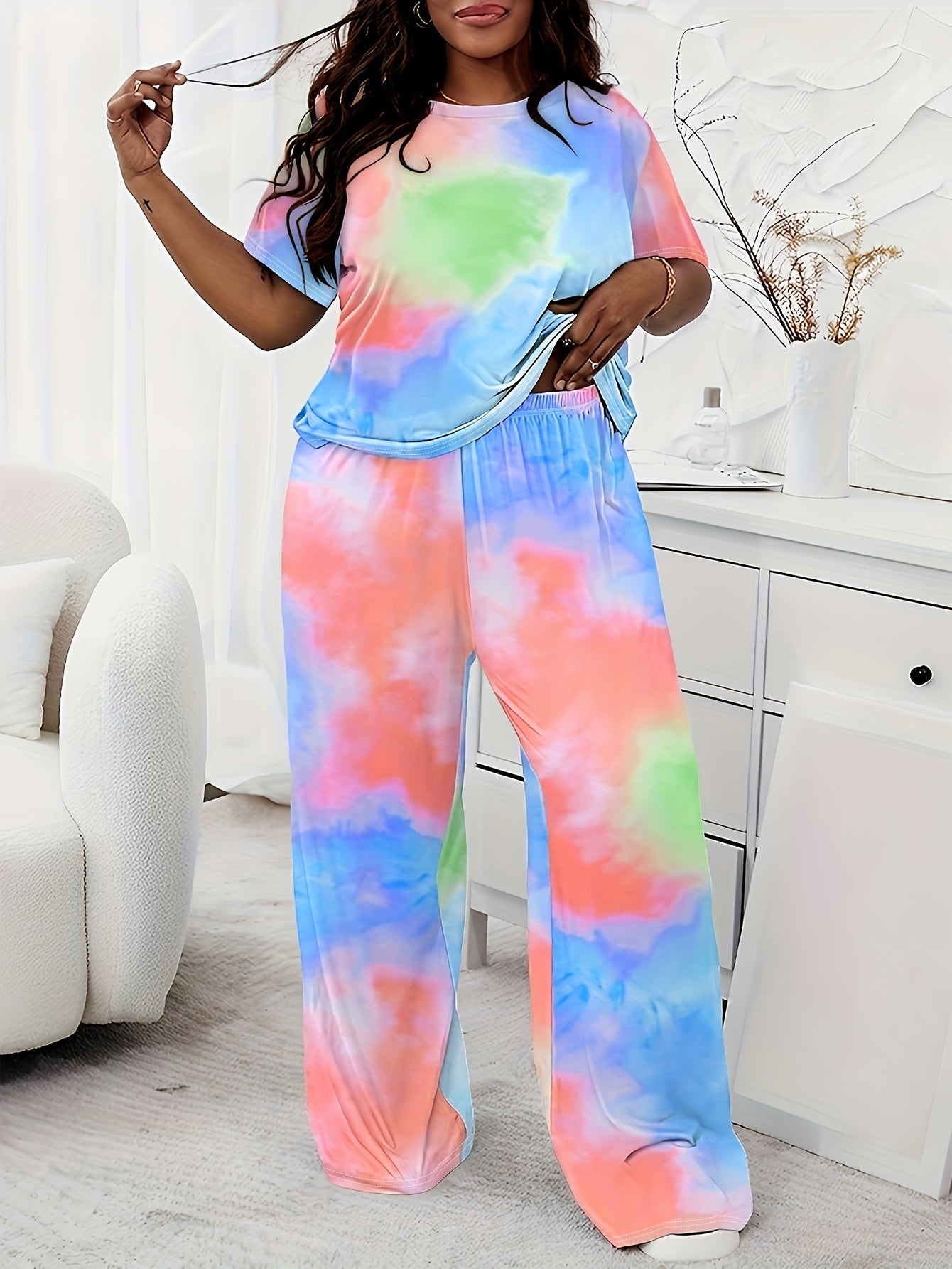 Adult Tie Dye Short Sleeve T Shirt and Pants Loungewear Set Polyester Casual Spring Fall