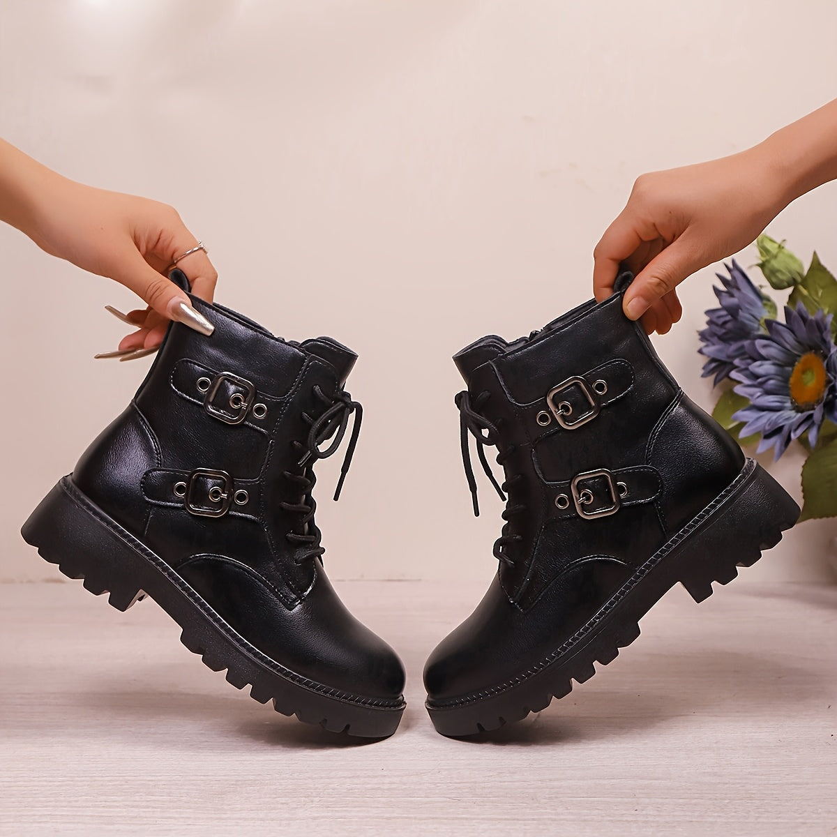 Women's Black Leather Ankle Boots with Side Zipper and Slip-Resistant Sole