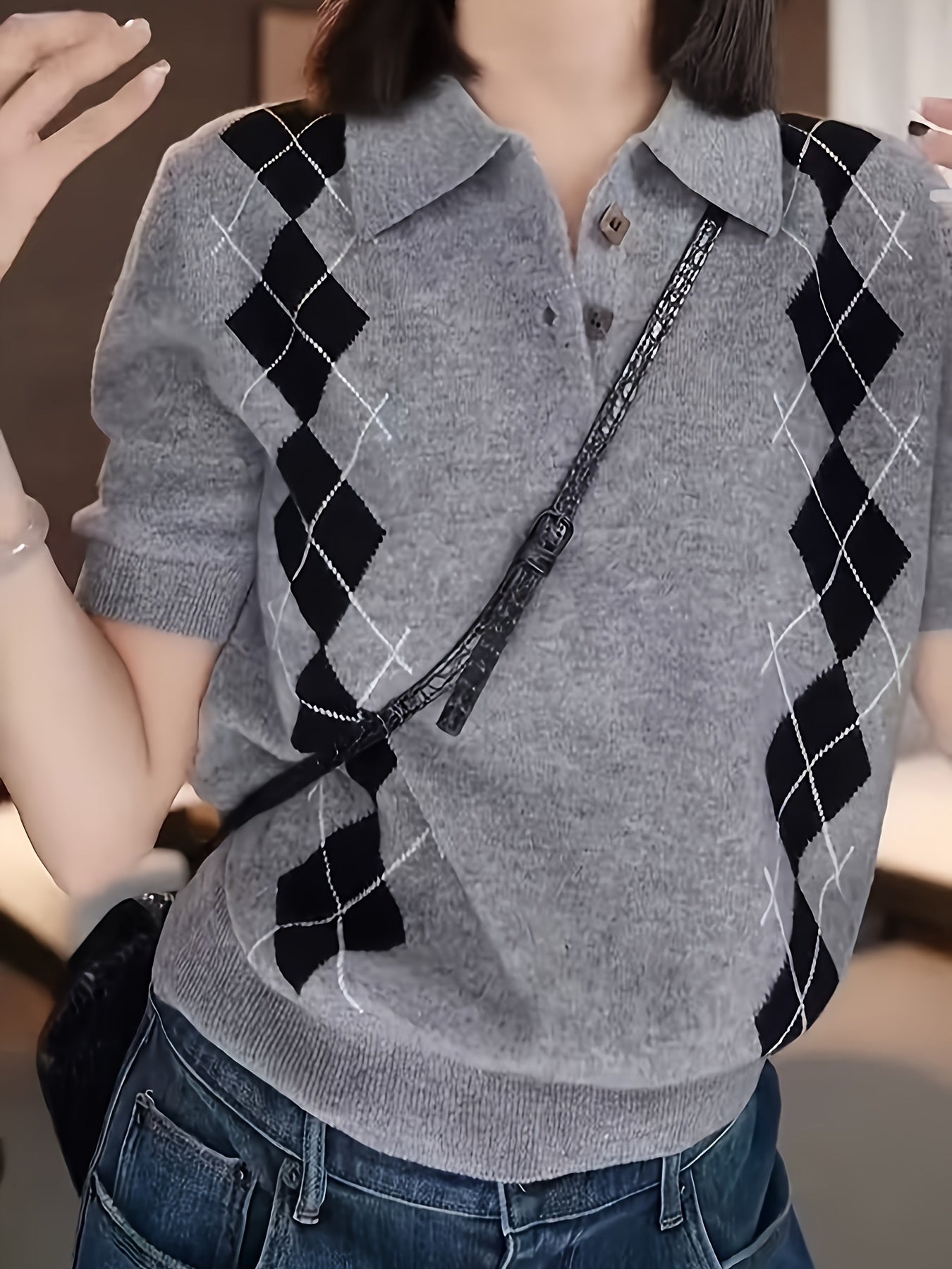Women's Plus Size Argyle Sweater Collared Short Sleeve Casual Top