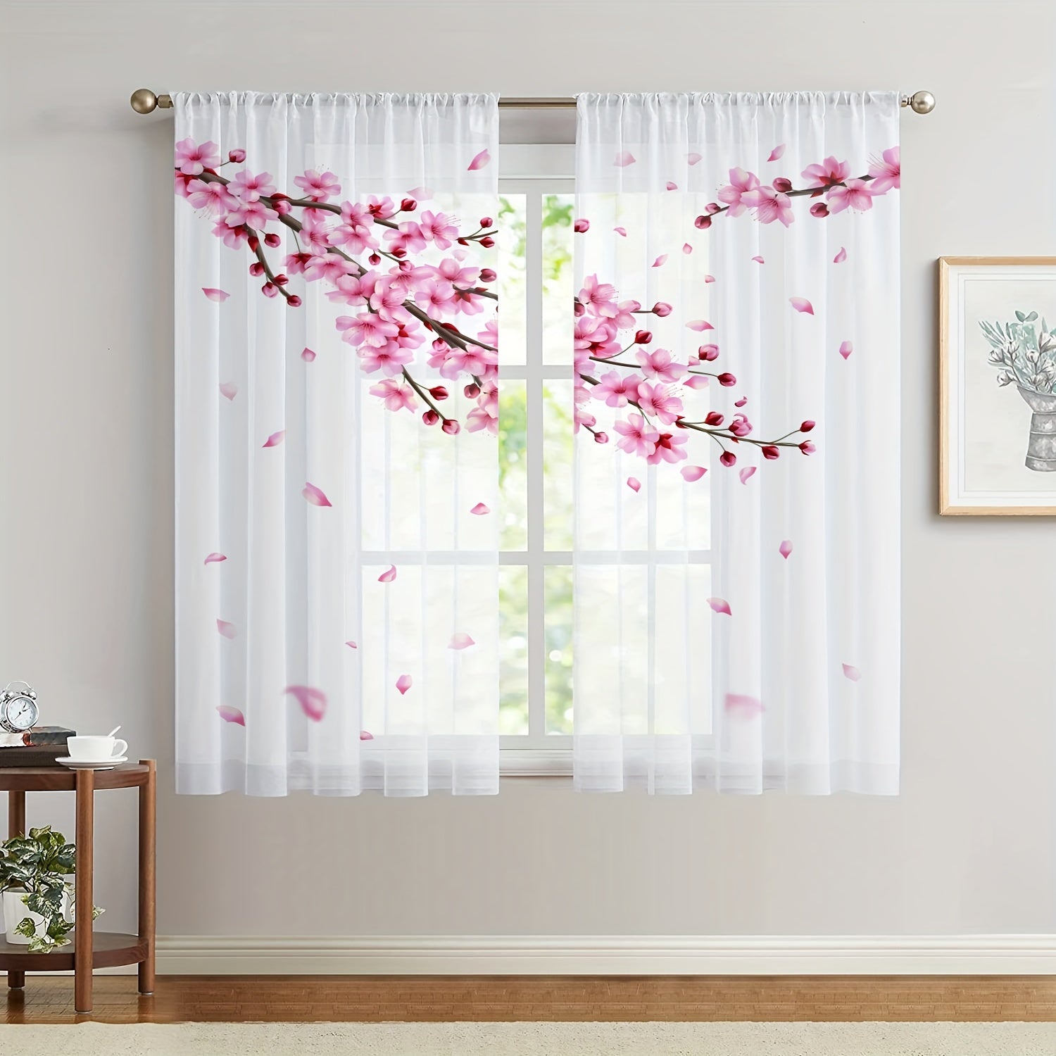 Par de cortinas de cerezo en flor con bolsillo para barra, diseño de pétalos caídos para decoración del hogar