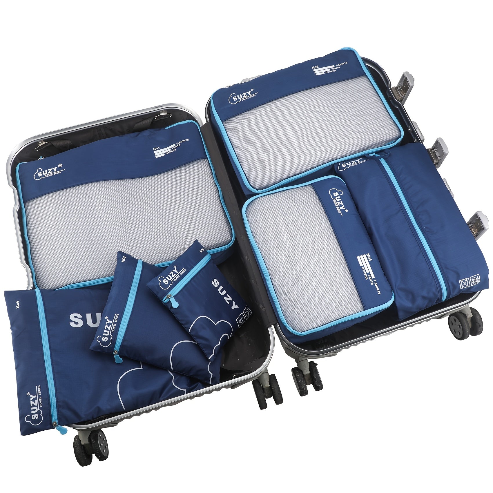 7-Piece Navy Blue Polyester Packing Cubes with Orange Accents for Travel Luggage Storage