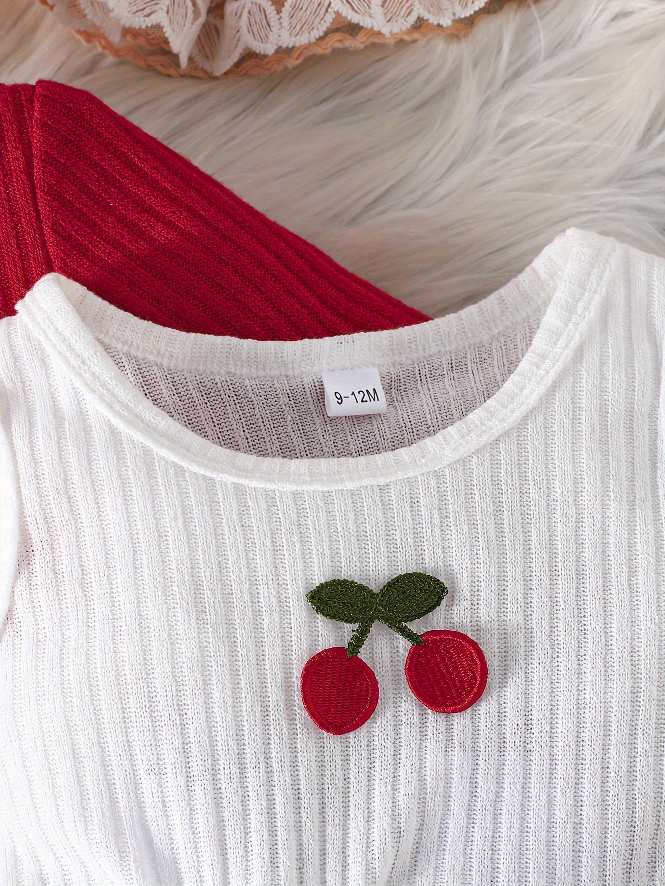 Girls' Dress Set with Ruffle Top and Cherry Embroidered Mesh Dress for Spring Fall