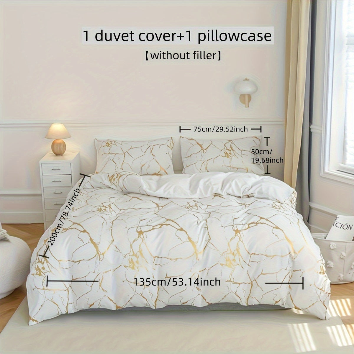 White Marble Pattern Quilt Cover Set with Gold Foil Print 2/3 Pieces Bedding