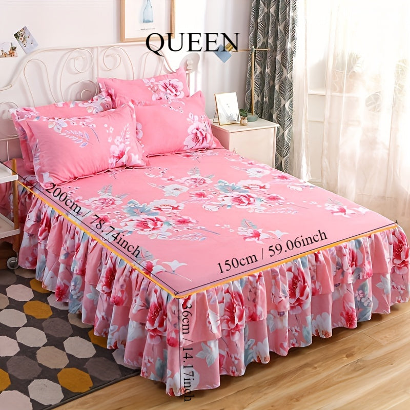 Set of 3 Tropical Floral Bedding Set with Lace Bed Skirt and Pillowcases Ruffled Edges Purple