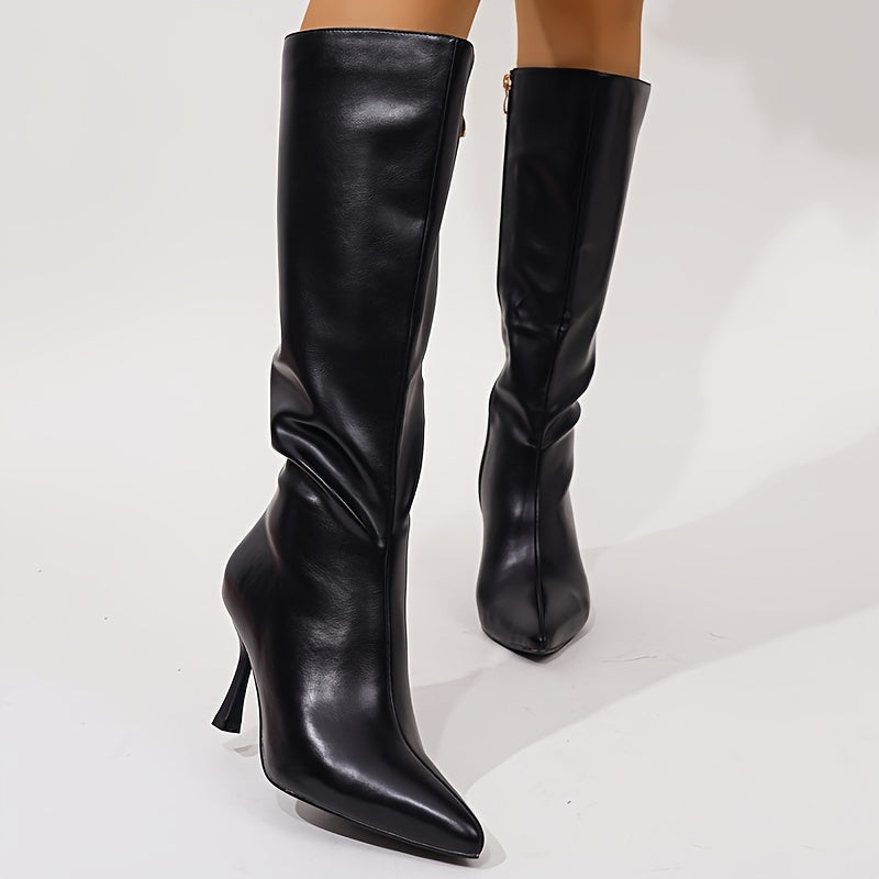Women's Black Microfiber Pointed Toe Knee-High Motorcycle Boots Winter Shoes