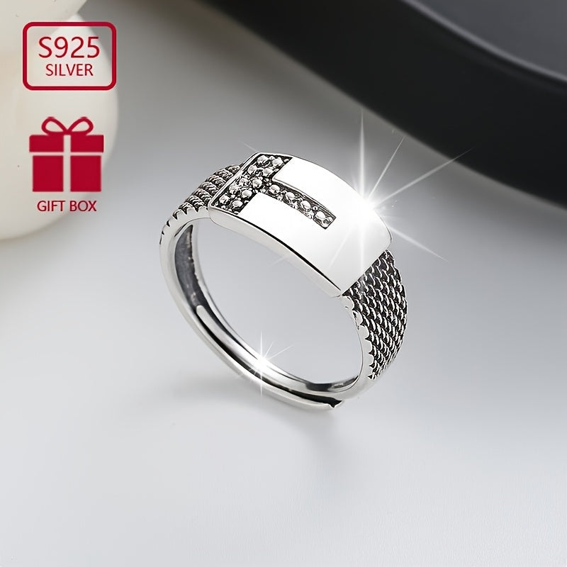Sterling Silver Unisex Geometric T-Shape Open Ring for Men Women Punk Festival Jewelry