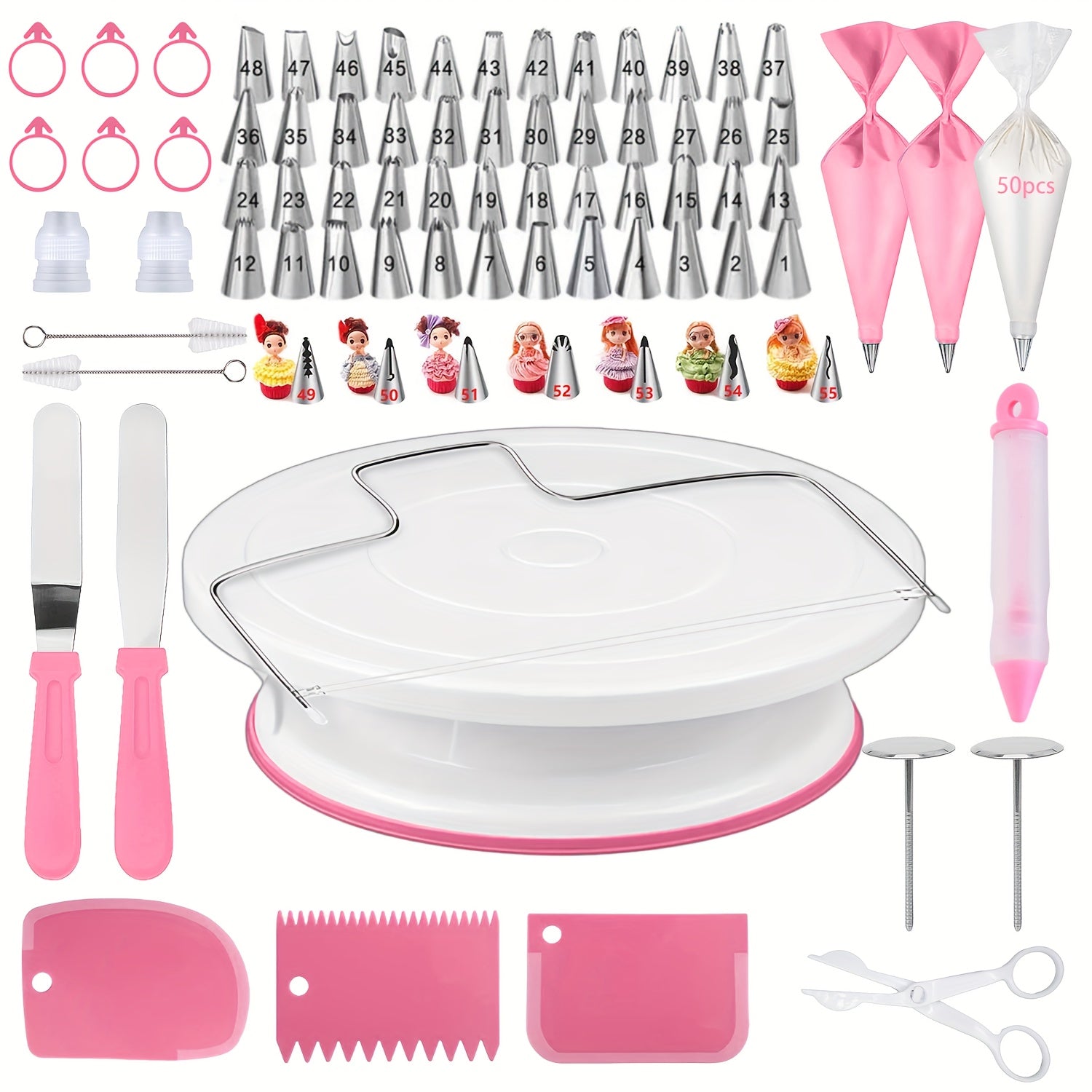 128-Piece Cake Decorating Kit with Pink Turntable Stainless Steel Piping Tips Pastry Bags Spatula and Tools