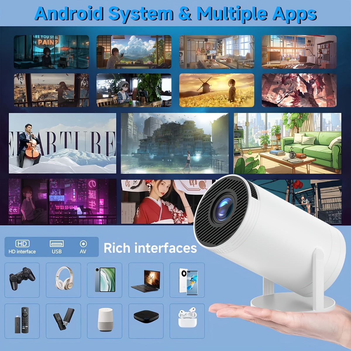 Portable 1080P Smart Projector with Android, 5G WiFi6, Auto Correction