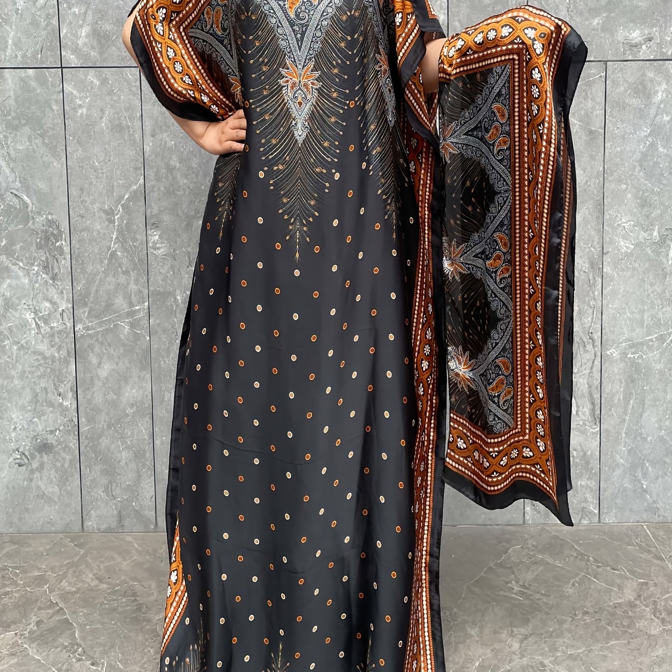 Plus Size Floral Kaftan Dress Longline Batwing Sleeve Lightweight Polyester