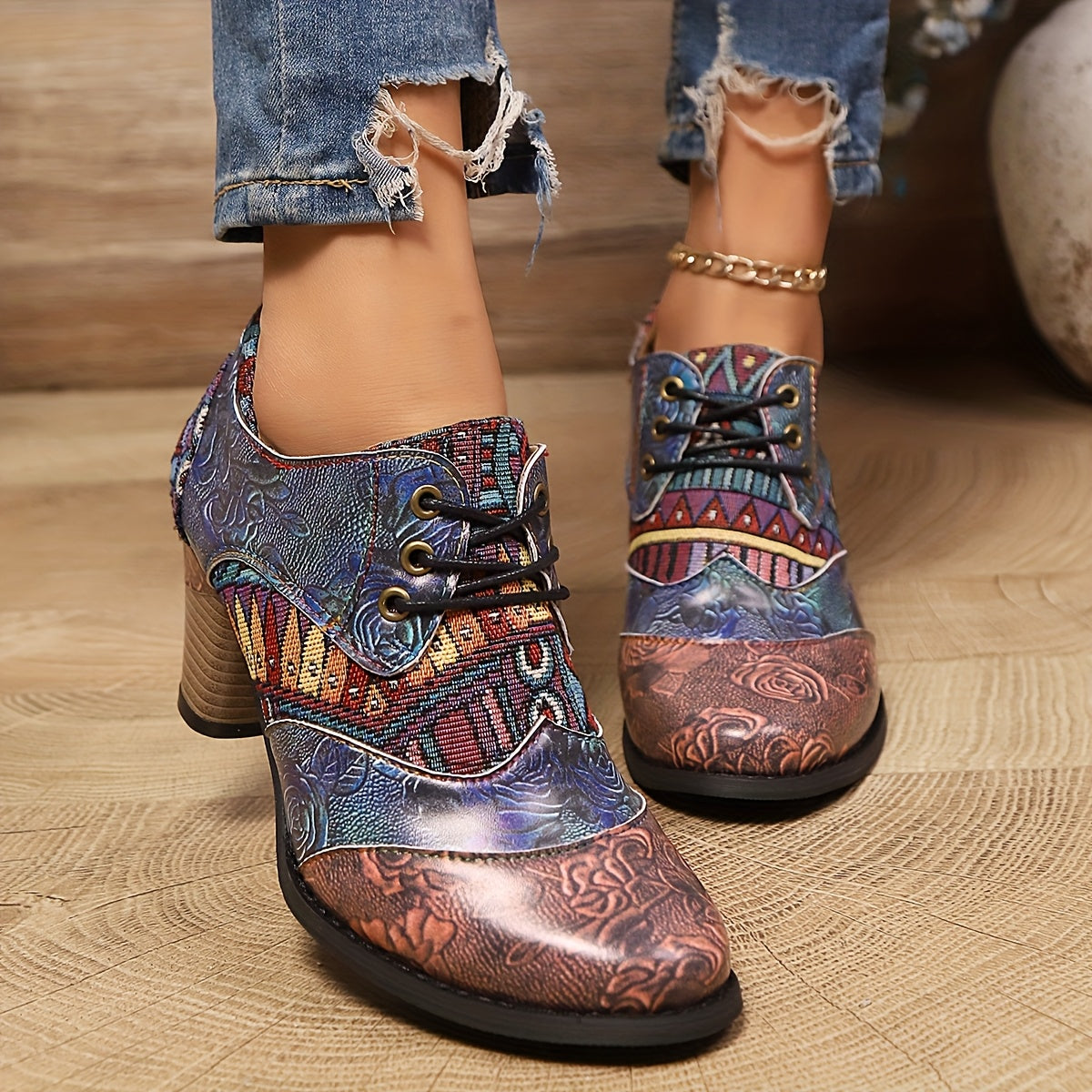 Ayollar uchun retro qalin poyabzal, gul va geometrik naqsh, dumaloq burchakli, barcha mavsumlar uchun