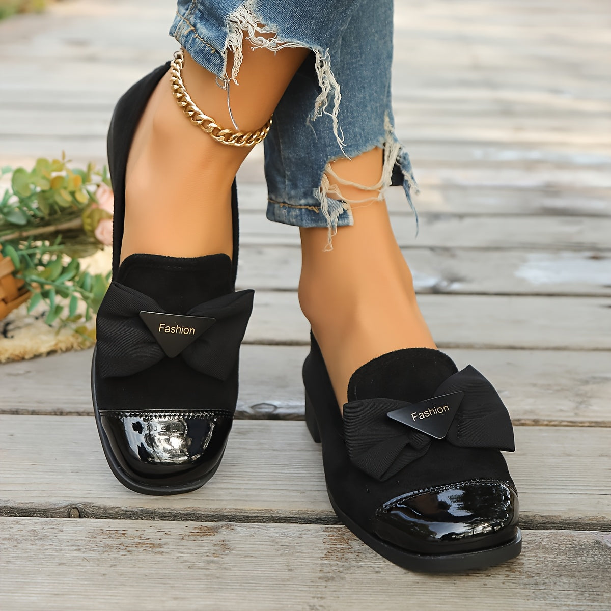 Women's Casual Loafers with Bow Square Toe Slip-On Shoes Breathable Fabric