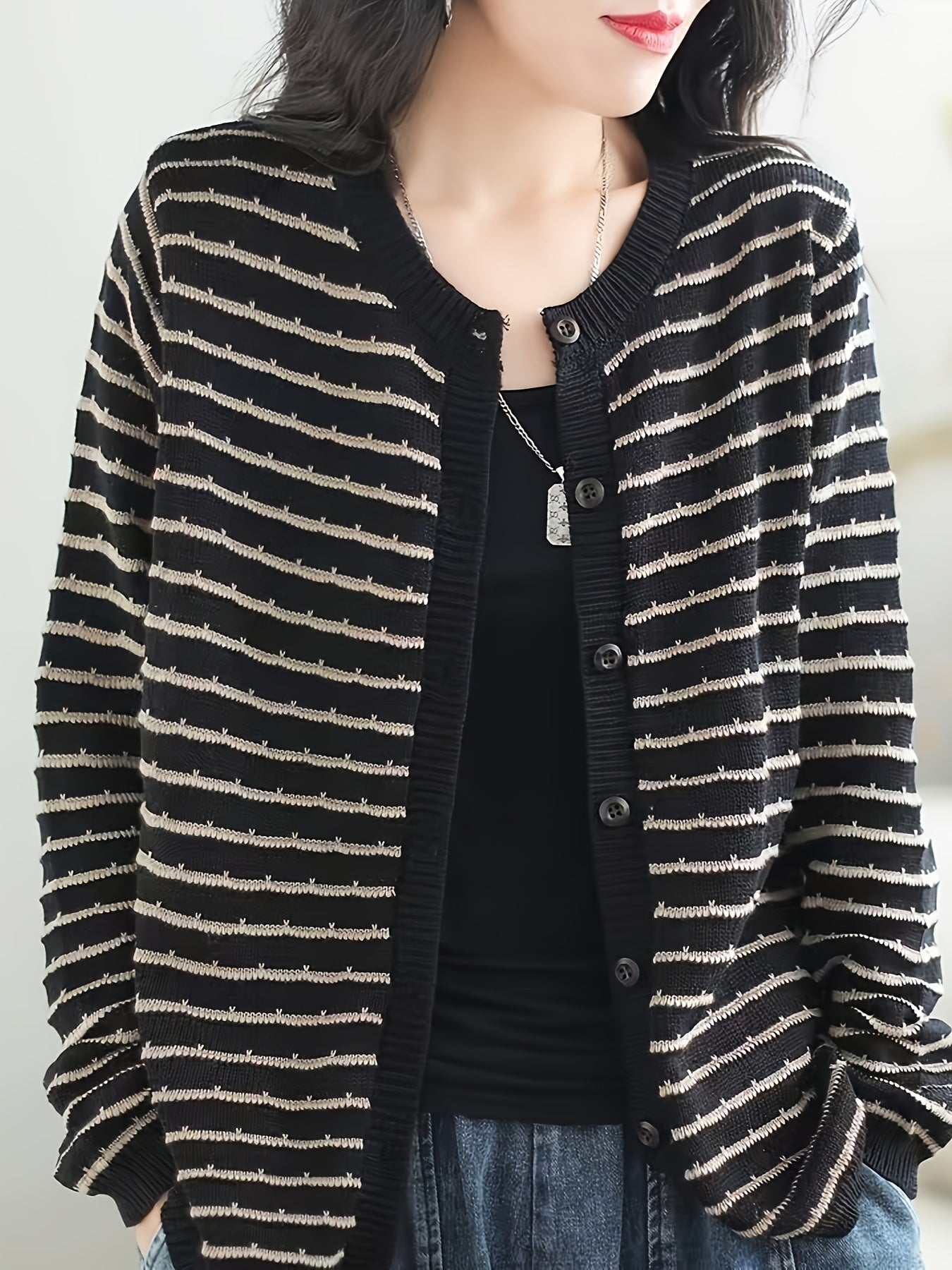 Women's Casual Striped Sweater Retro Cardigan Fall Spring Loose Outerwear