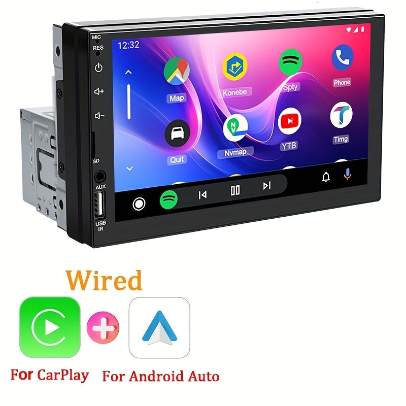 HIPPCRON Yagona DIN Avtomobil MP5 Multimedia O'yinchisi 17.78 sm HD sensorli ekran, simli CarPlay va AndroidAuto qo'llab-quvvatlash, pastki qismida Radio Box, MirrorLink va navigatsiya uchun simsiz ulanish bilan.