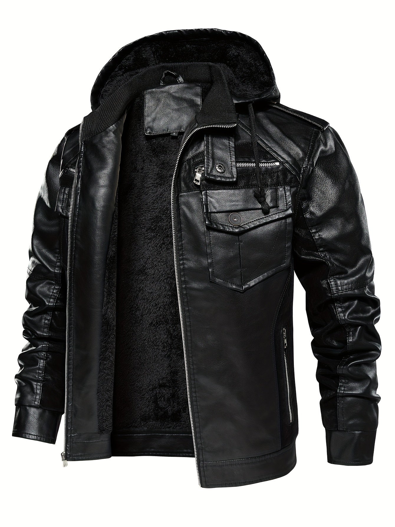 Erkaklar uchun shamoldan himoyalovchi va iliq PU kurtka, qo'shimcha fliys bilan, AQSh o'lchamida.