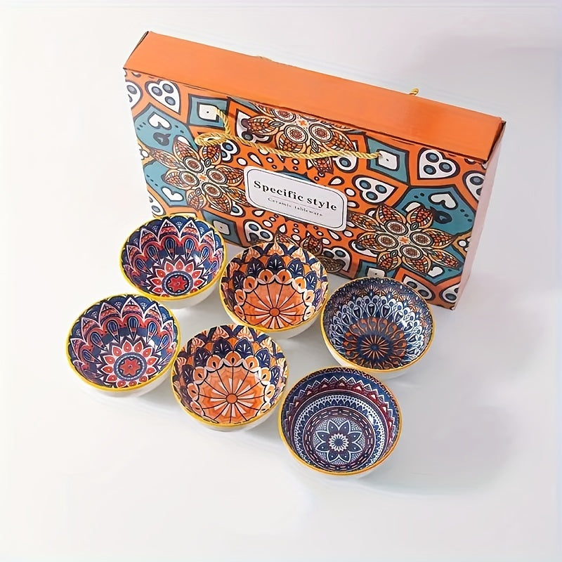 Handmade Ceramic Bowls Set with Vibrant Orange and Blue Mandala Design for Serving Cereal Ice Cream Pasta