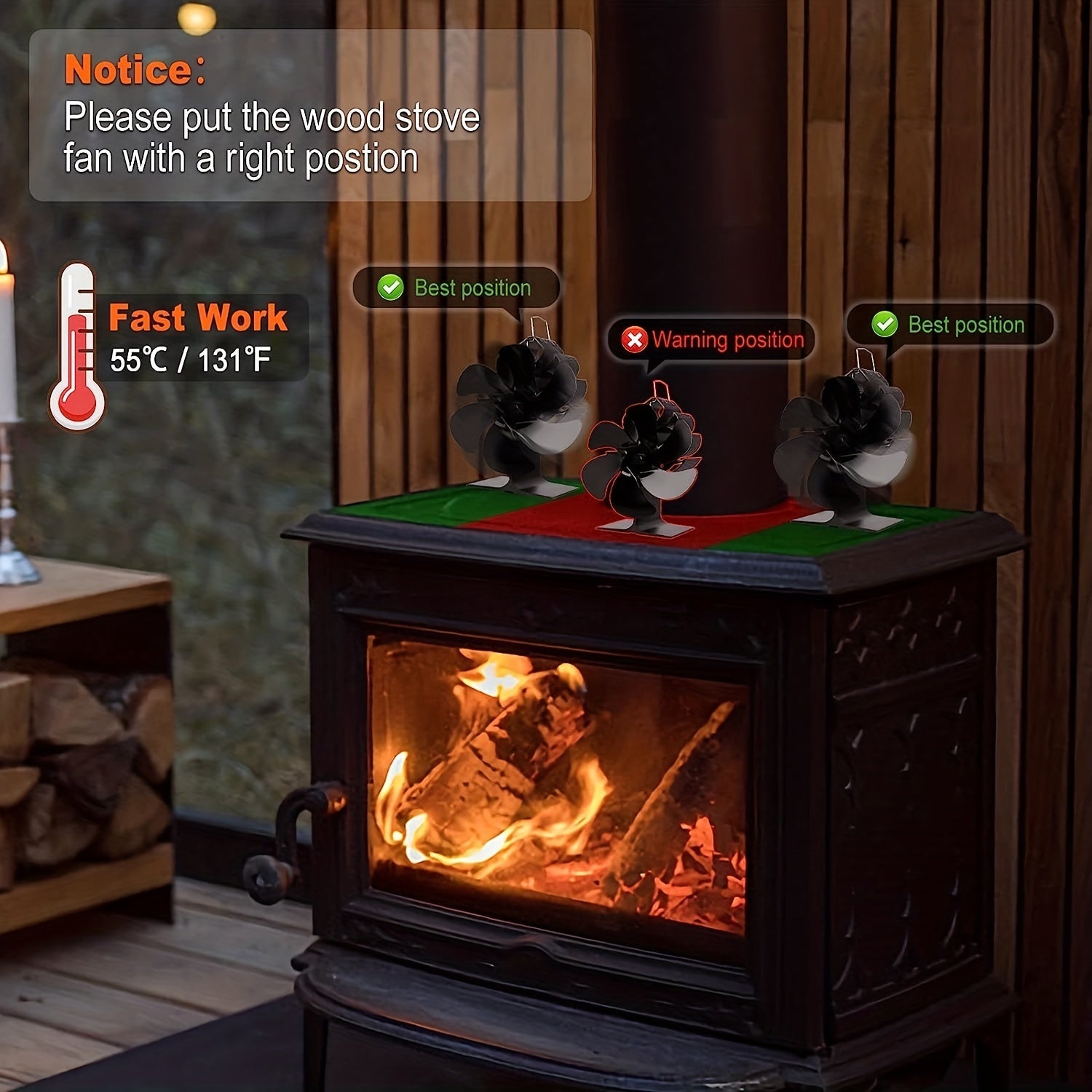 Heat Powered Wood Stove Fan with 6 Blades, Metal Construction, Ultra-Quiet