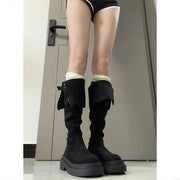 Women's Faux Leather Two-Way Flip Knee-High Boots with Chunky Platform