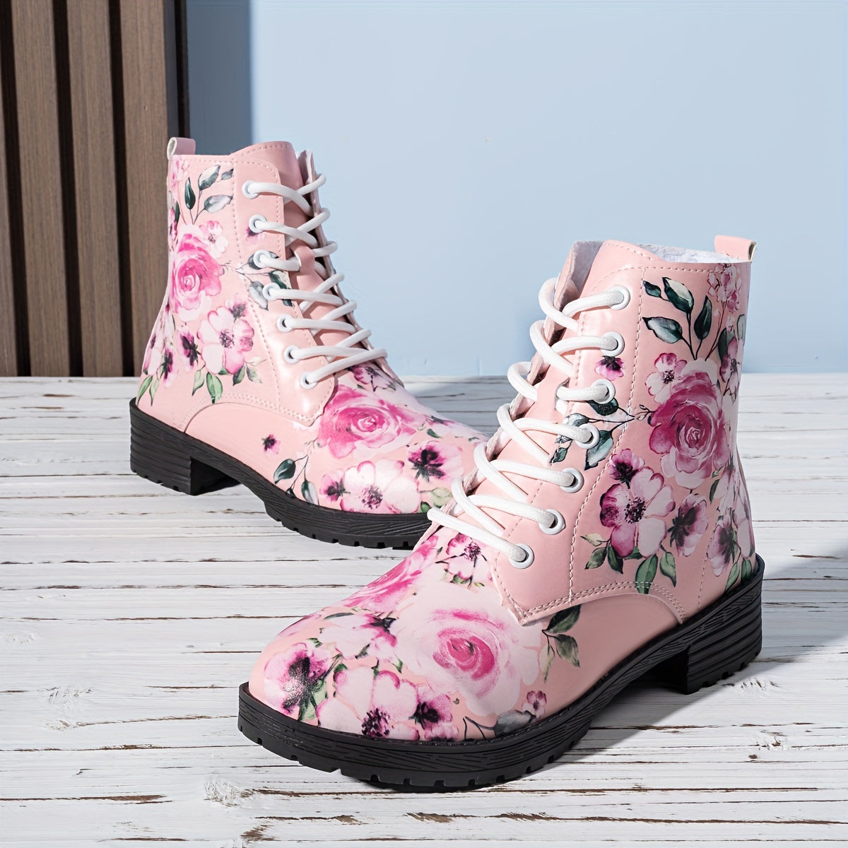 Women's Floral Print Mid-Calf Lace-Up Boots with Open Toe and Wide Width