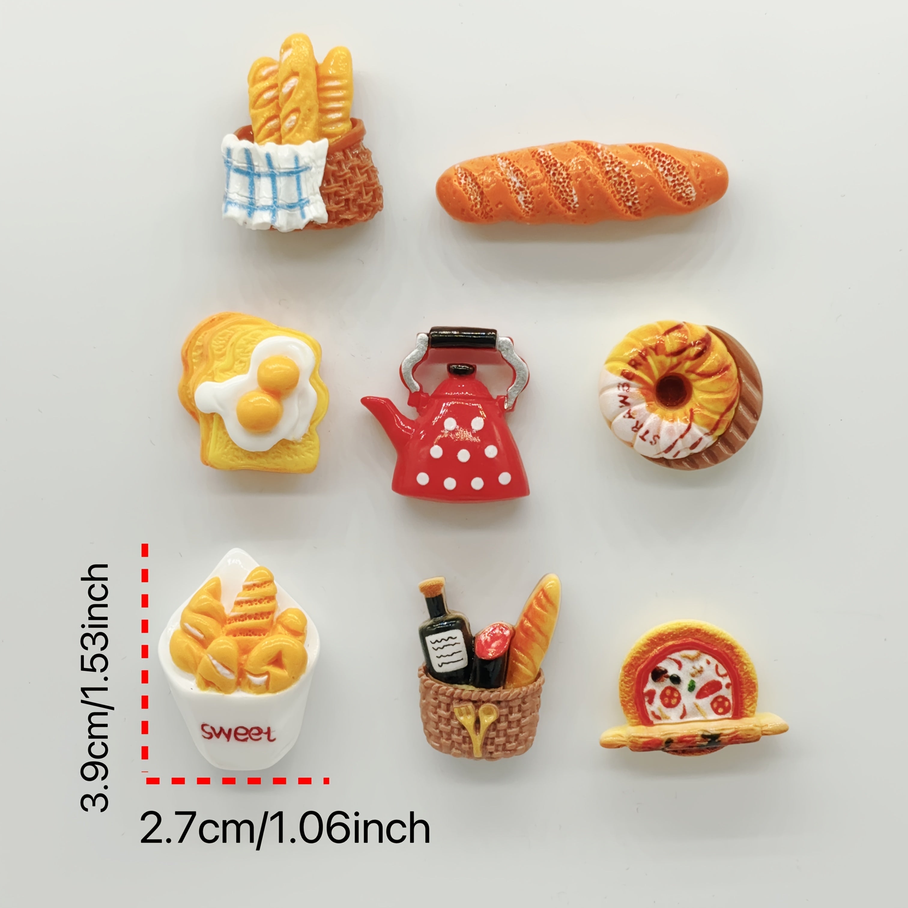 8 ta plastik muzlatgich magnitlari to'plami, oshxona dekoratsiyasi uchun baguette, tost, tart dizaynlari bilan