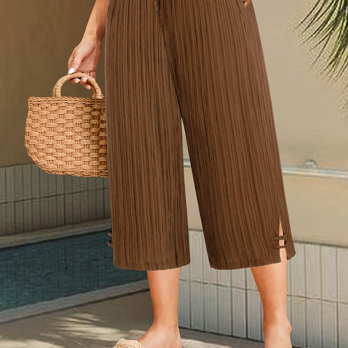 Plus Size Women's Pleated Striped Wide Leg Pants with Side Slit