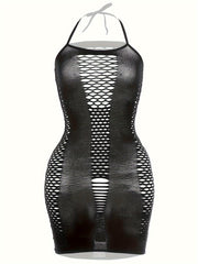 Plus Size Sheer Mesh Sleeveless Lingerie Dress Black White Cutout