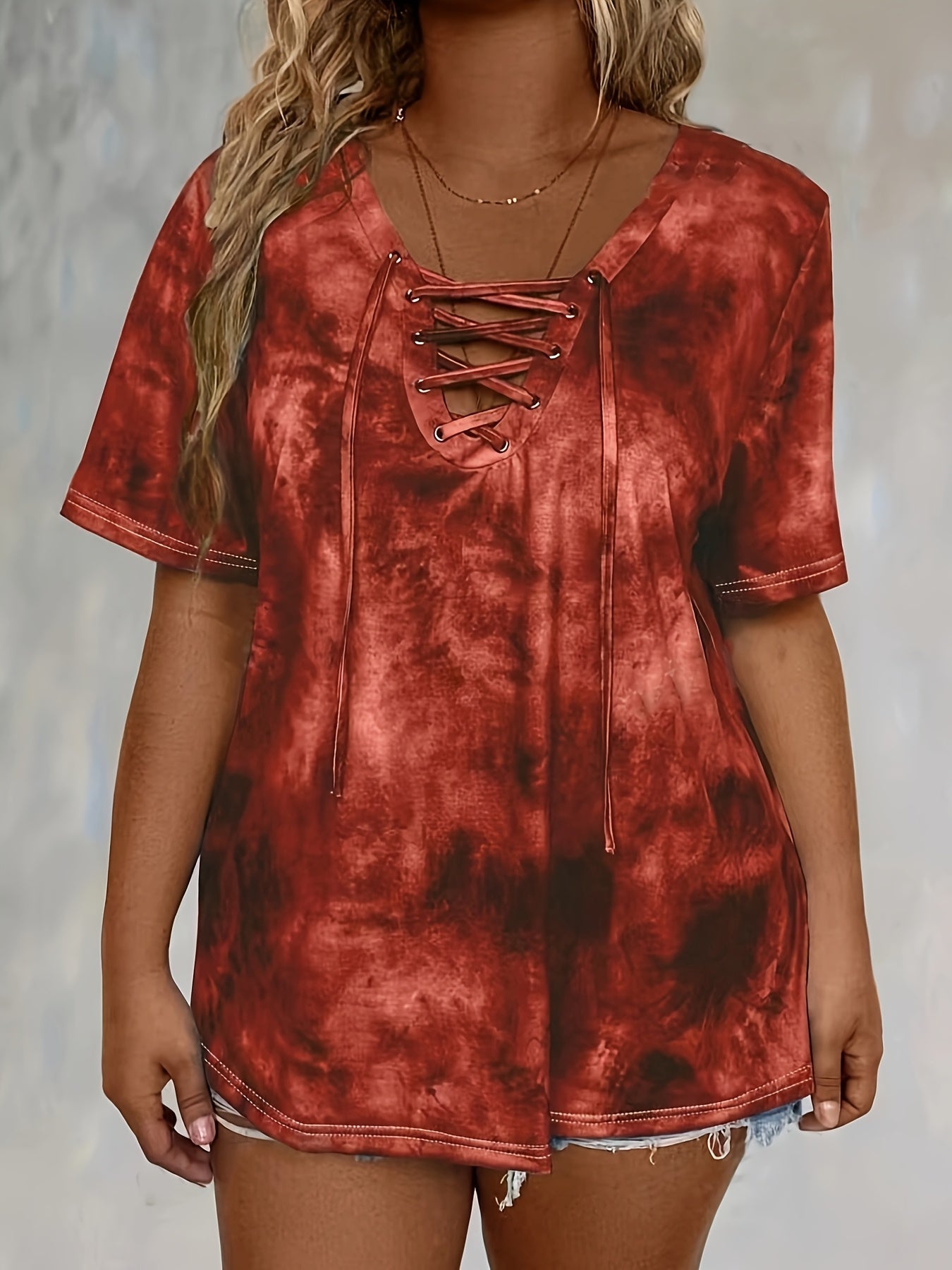 Plus Size Tie Dye Print Women's T-Shirt with Drape Neck and Short Sleeves